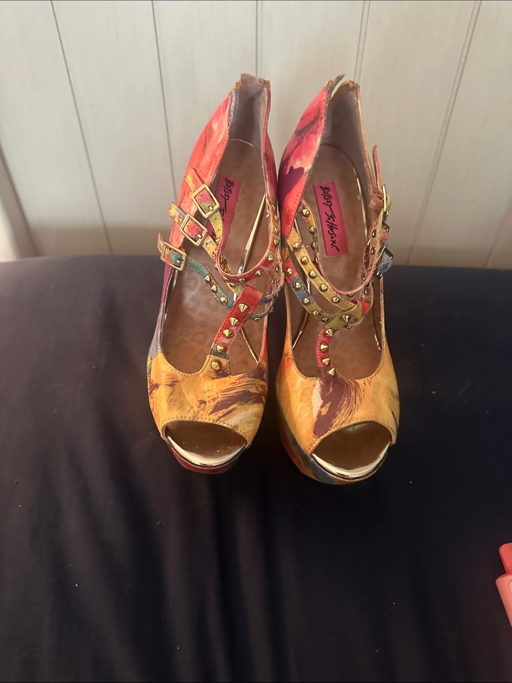 Betsey Johnson Multicolor Floral Peep Toe Platform Heels with Studded Straps